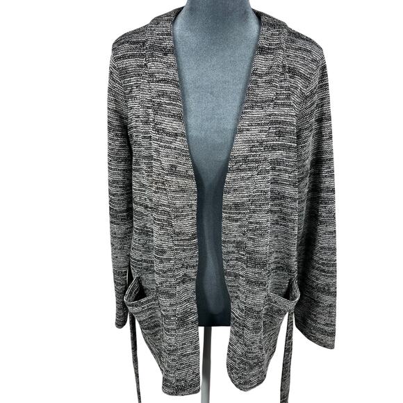 J.Crew Open Front Belted Cardigan Sweater Size Small Black White Pockets Cozy - Picture 2 of 9
